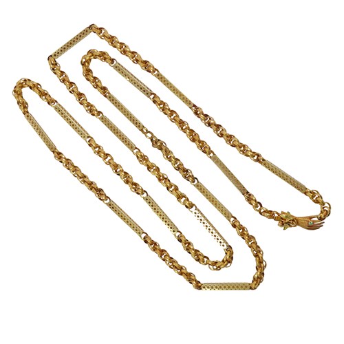19th century gold fancy baton and belcher chain necklace on hand clasp, c.1820, with star and triangle pierced rectangular baton links joined by belcher links with a star pattern,